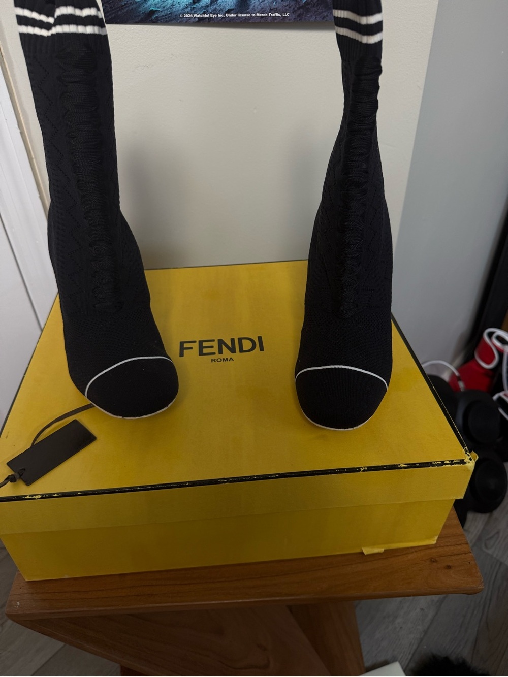 Fendi Black Knit Sock Booties with White Piping